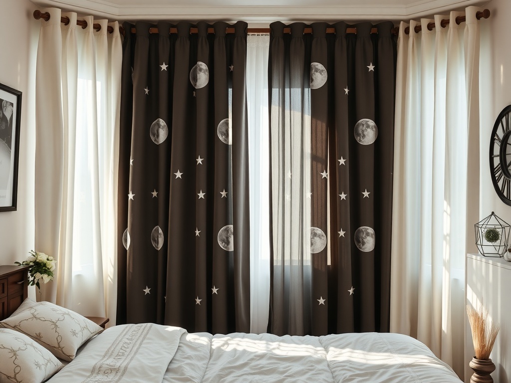 A bedroom with lunar-themed curtains featuring moon and star patterns, complemented by light-colored curtains.