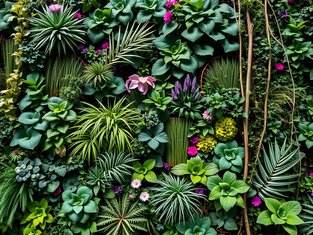 A vibrant vertical garden featuring a mix of green plants and colorful flowers.