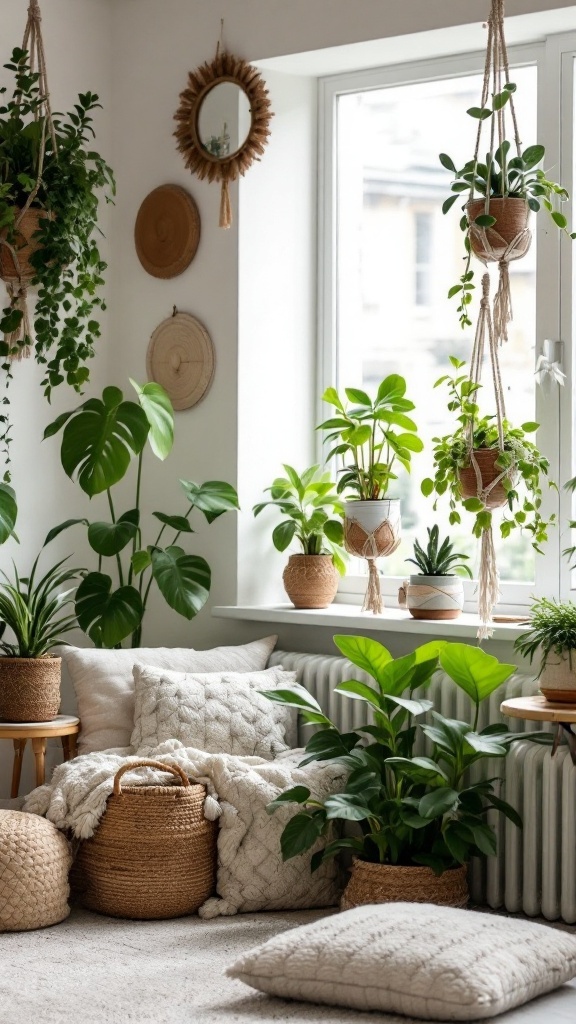 A cozy room with various green plants in macramé hangers, showcasing a bohemian style.