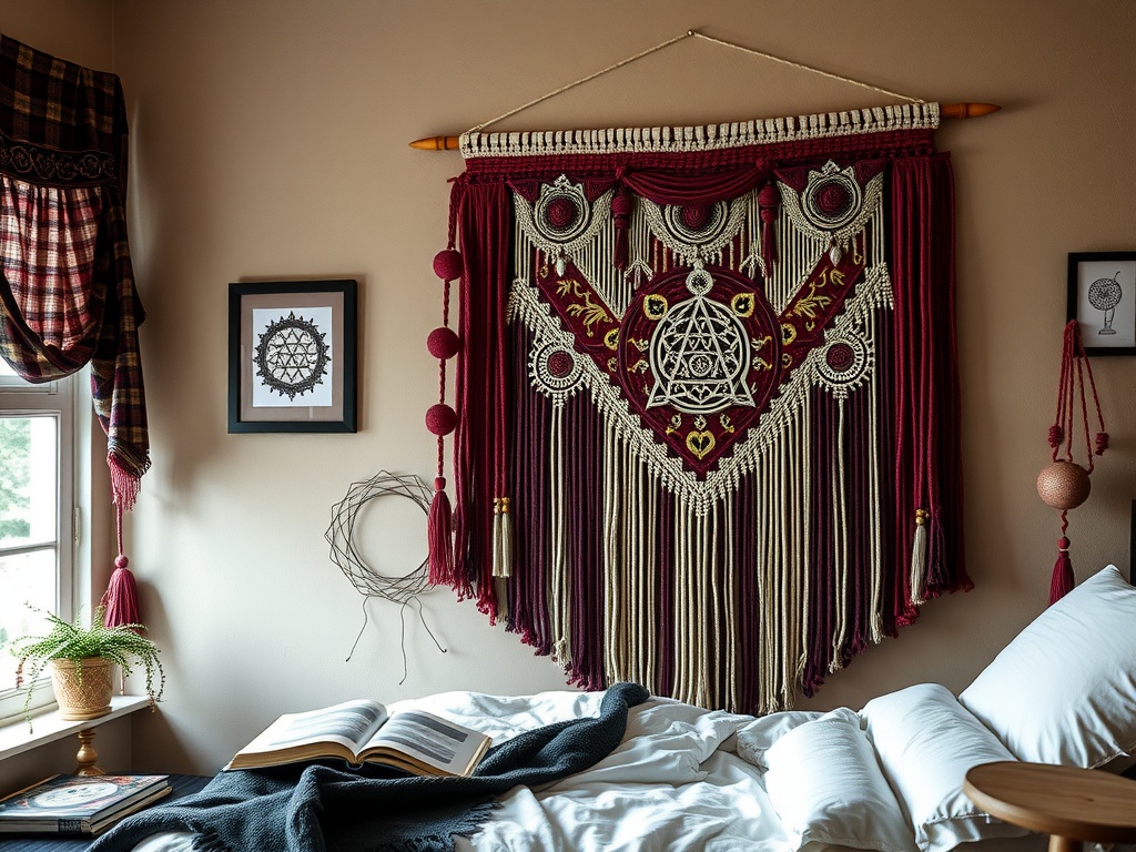 A beautifully crafted macrame wall hanging in burgundy and cream colors, adorned with intricate designs, in a cozy bedroom setting.