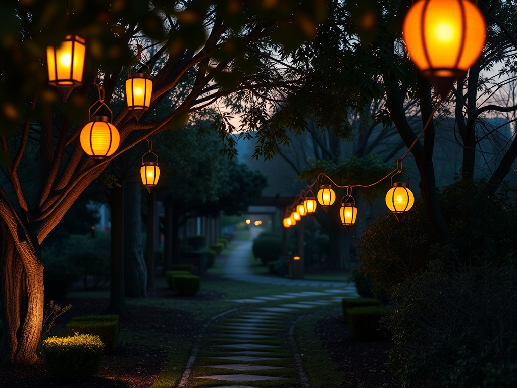 A picturesque garden path lined with glowing lanterns hanging from trees, creating a magical evening atmosphere.