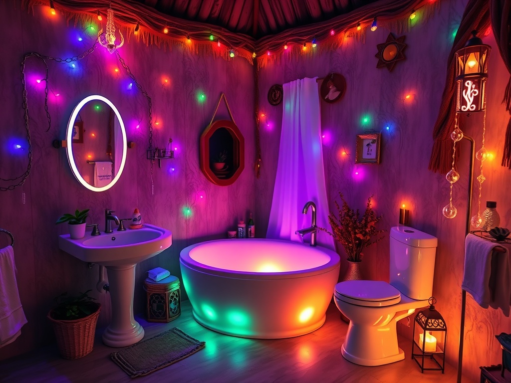 A colorful bathroom with magical lighting effects, featuring string lights, a circular mirror, and a cozy atmosphere.