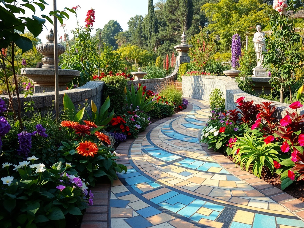 Colorful mosaic tile pathway surrounded by vibrant flowers in a lush garden.