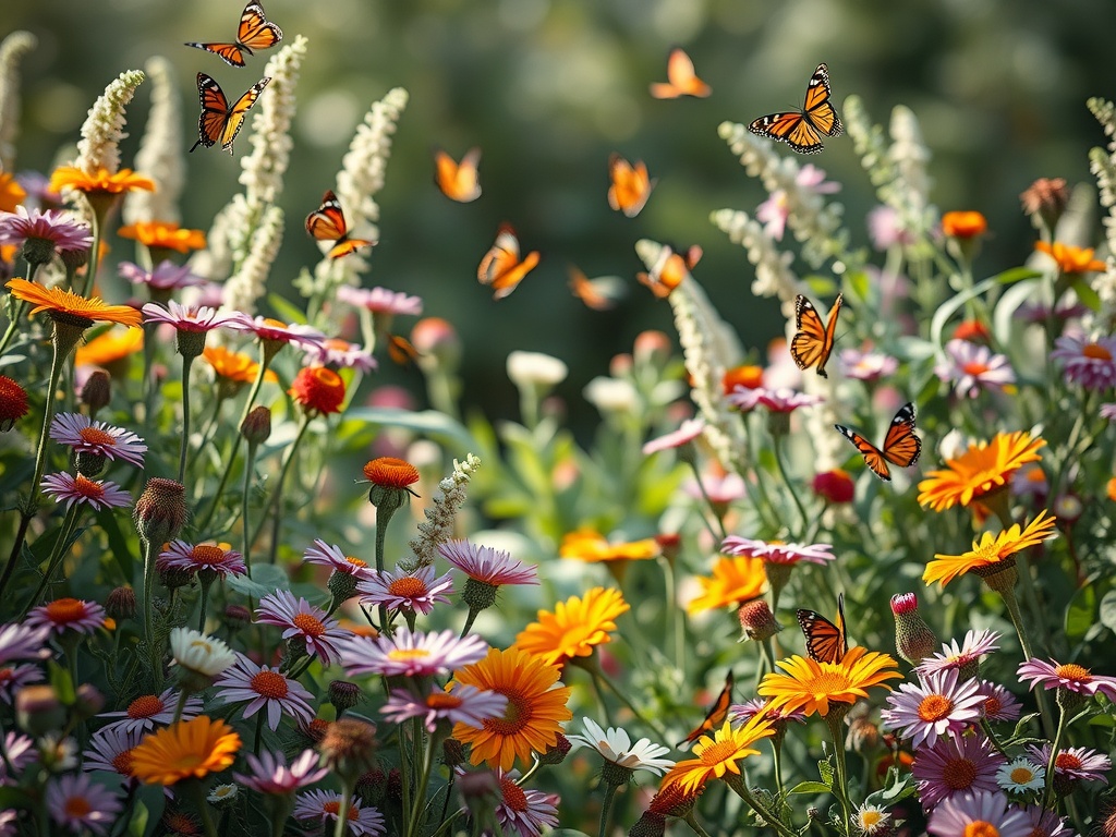 A vibrant butterfly garden filled with colorful flowers and butterflies.