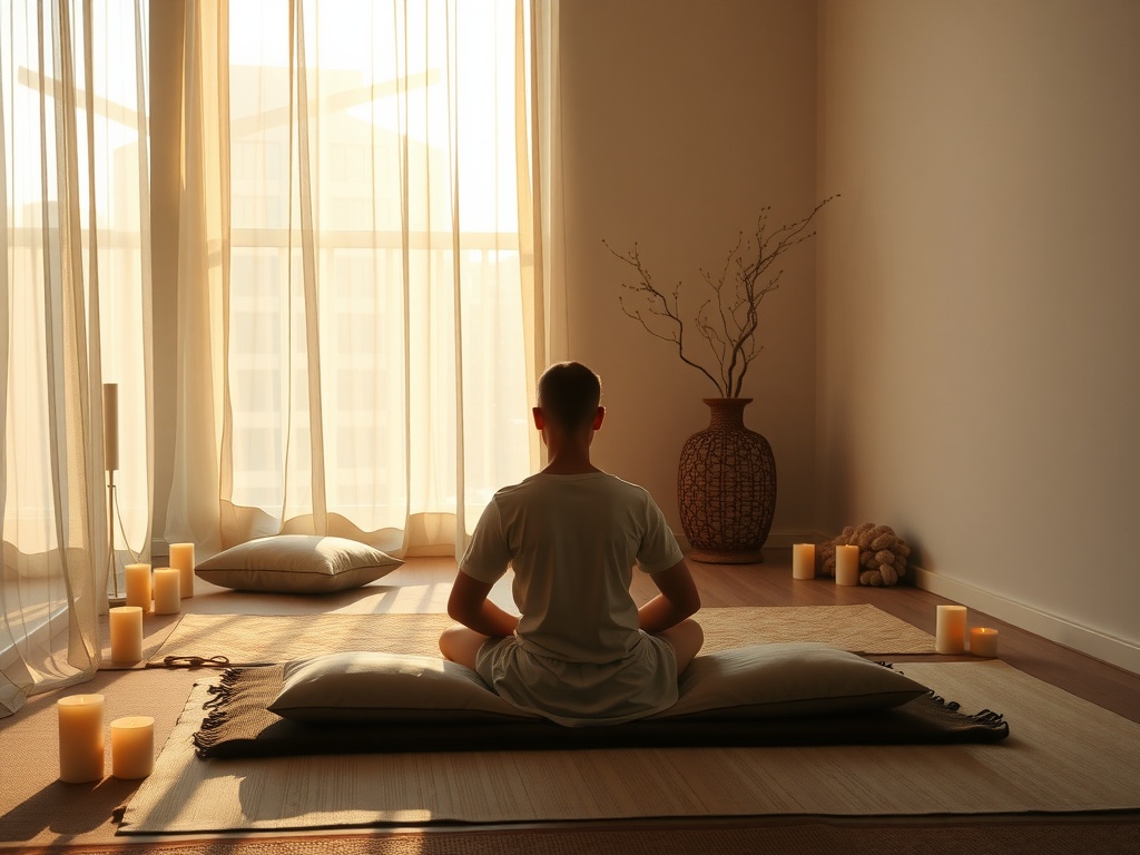 A person meditating in a serene room filled with natural light and candles.