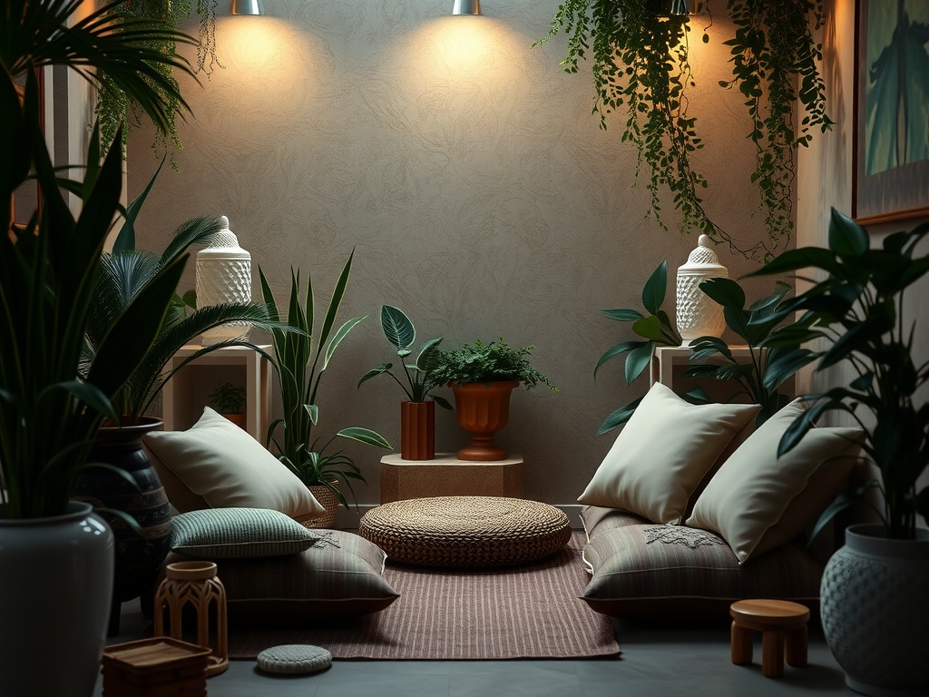 A serene meditative space with plants, cushions, and soft lighting.