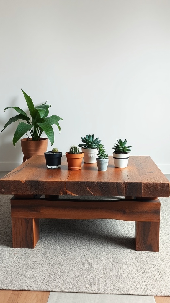 Mesa de café de madera reciclada con diversas plantas en macetas