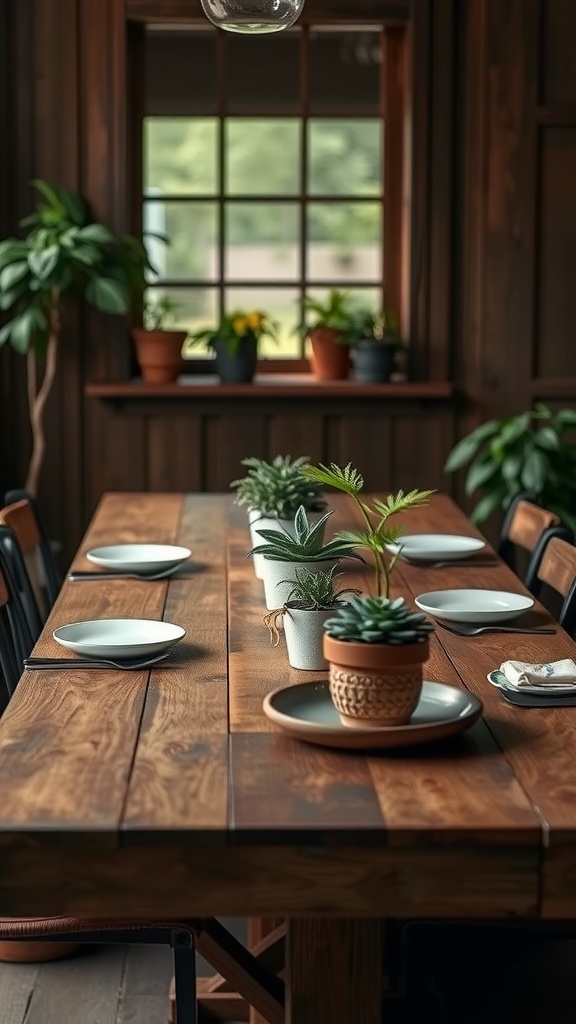 Mesa de comedor rústica con plantas en macetas y platos dispuestos