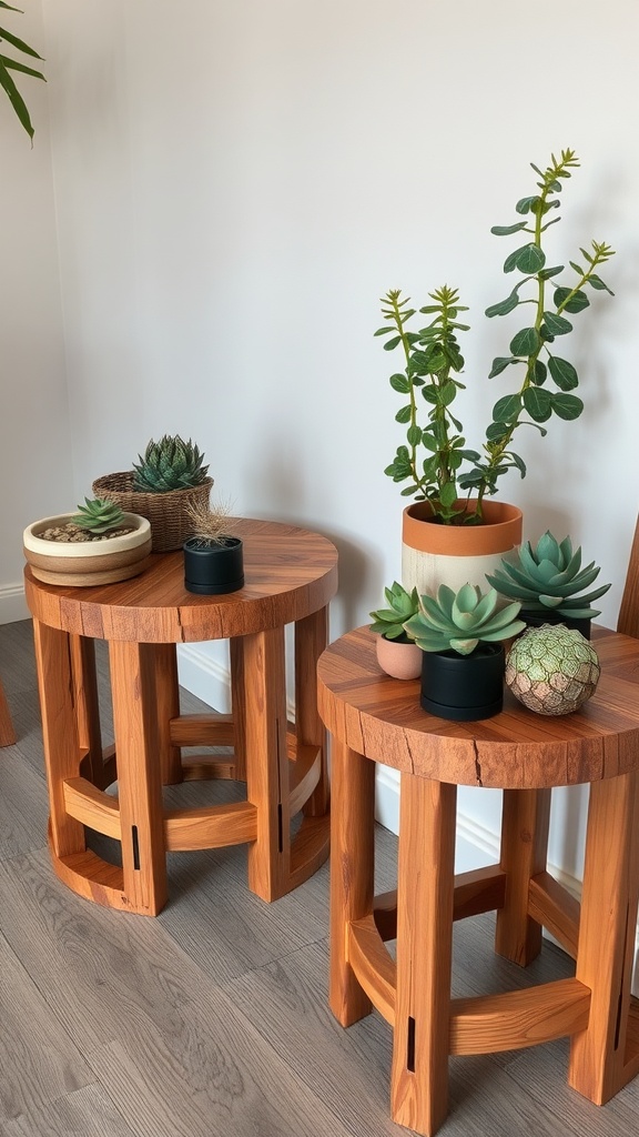 Dos mesas auxiliares de madera con varias suculentas decorativas.