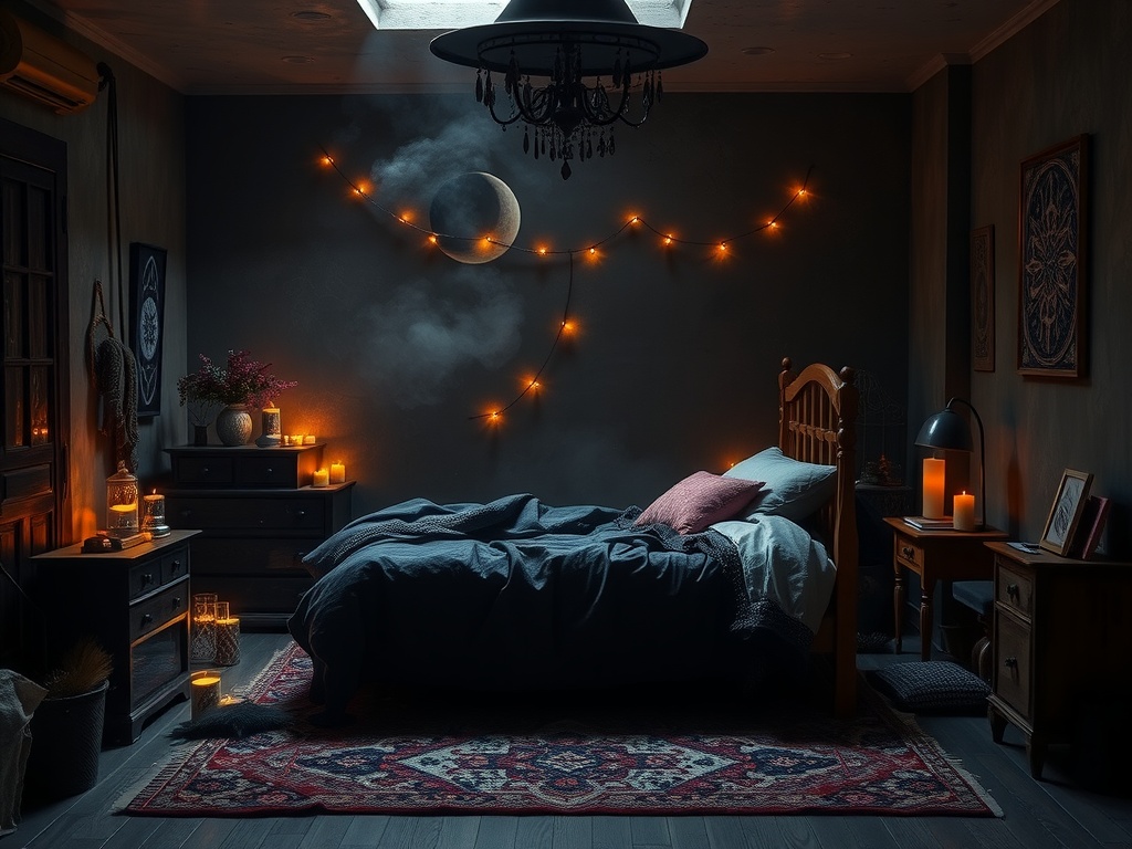 A cozy Gothic Boho bedroom featuring metallic accents, warm candlelight, and a mystical atmosphere