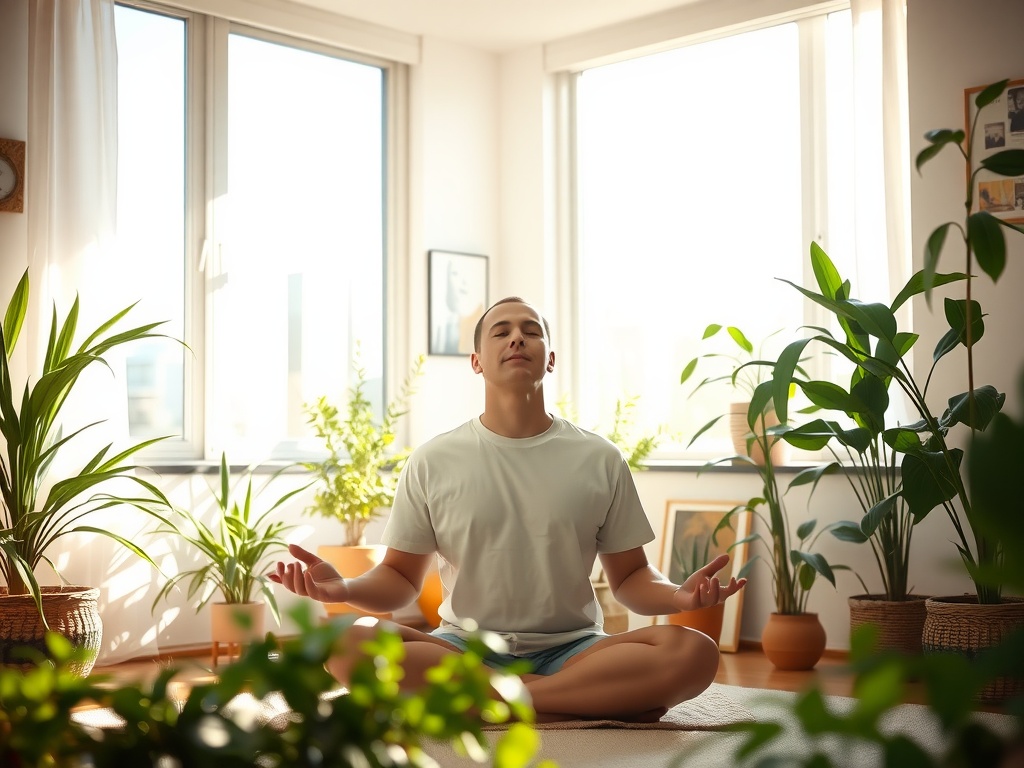 A person meditating in a sunlit room filled with plants, promoting mindfulness and inner peace.