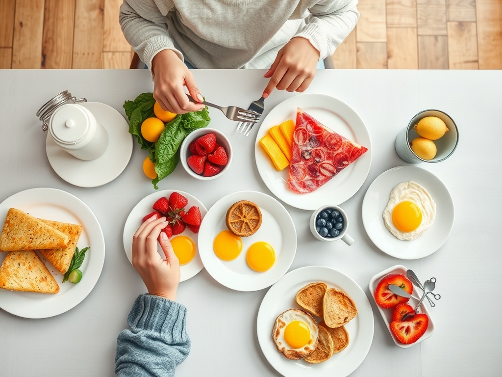 A nourishing breakfast spread with fruits, vegetables, eggs, and baked goods, highlighting mindful eating.
