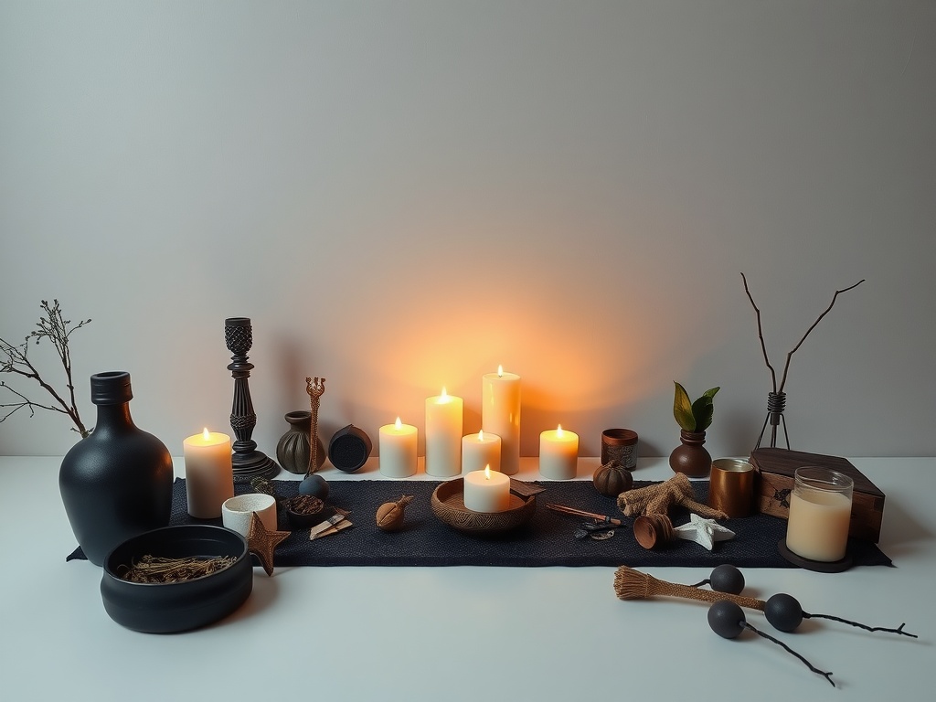 A minimalist witchcraft altar featuring candles, natural elements, and various symbolic objects.