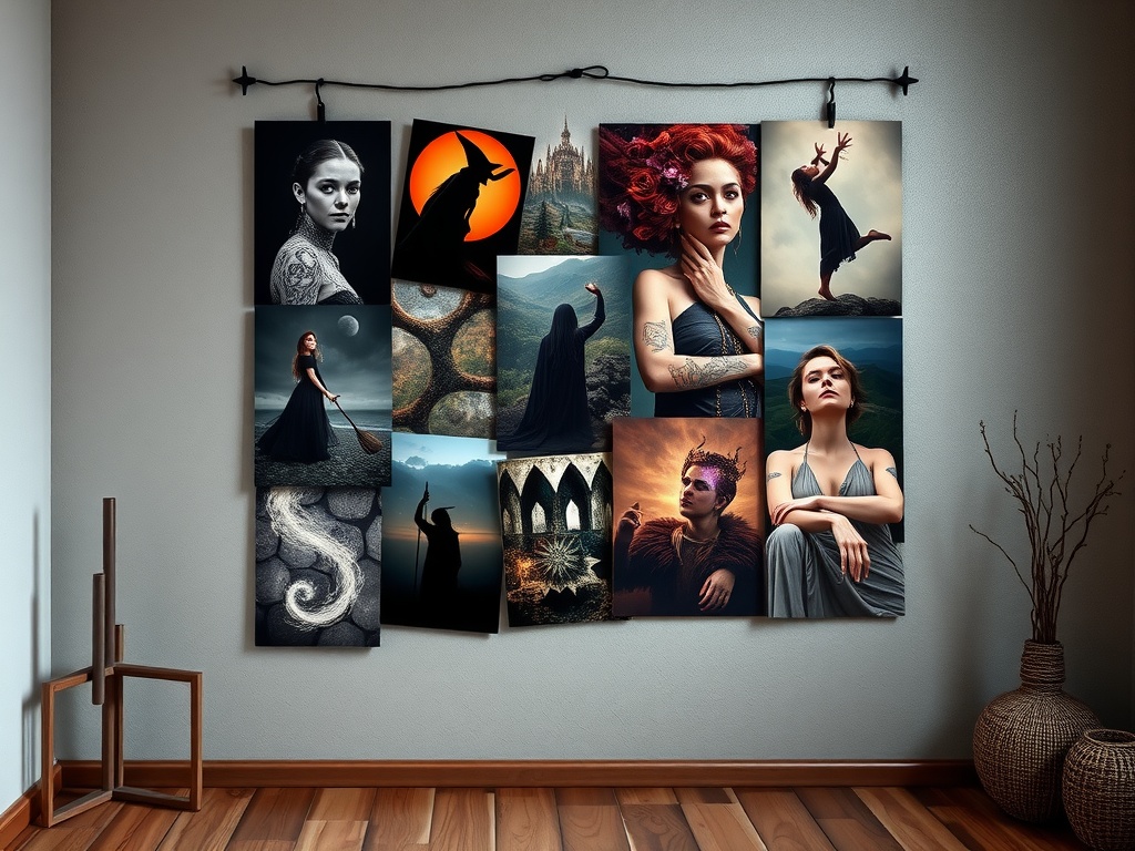 A collage of gothic and bohemian themed photographs featuring women and mystical elements arranged on a wall.