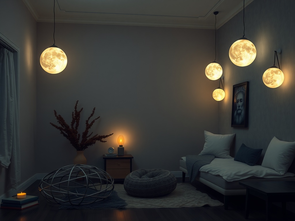 A cozy bedroom with moon-shaped lights hanging from the ceiling, creating a warm and inviting atmosphere.