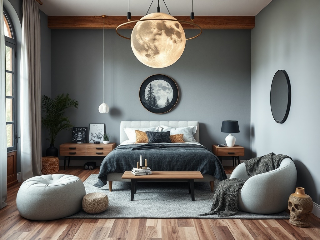 A cozy moon-inspired bedroom featuring a moon-shaped light fixture, gray walls, wooden furniture, and comfortable seating.