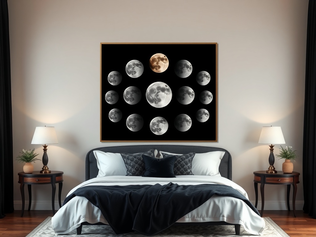 Moon phase wall art featuring various moon phases arranged in a circular pattern on a black background.