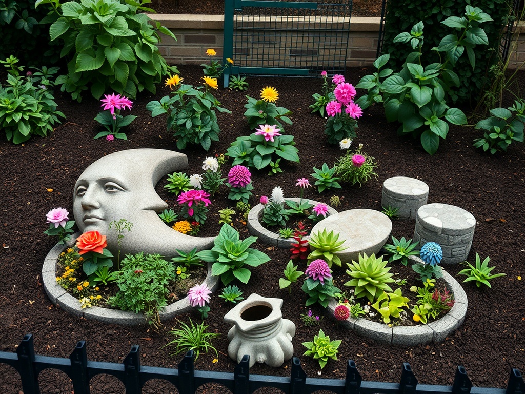 A garden bed featuring a moon-shaped stone centerpiece surrounded by colorful flowers and succulent plants.