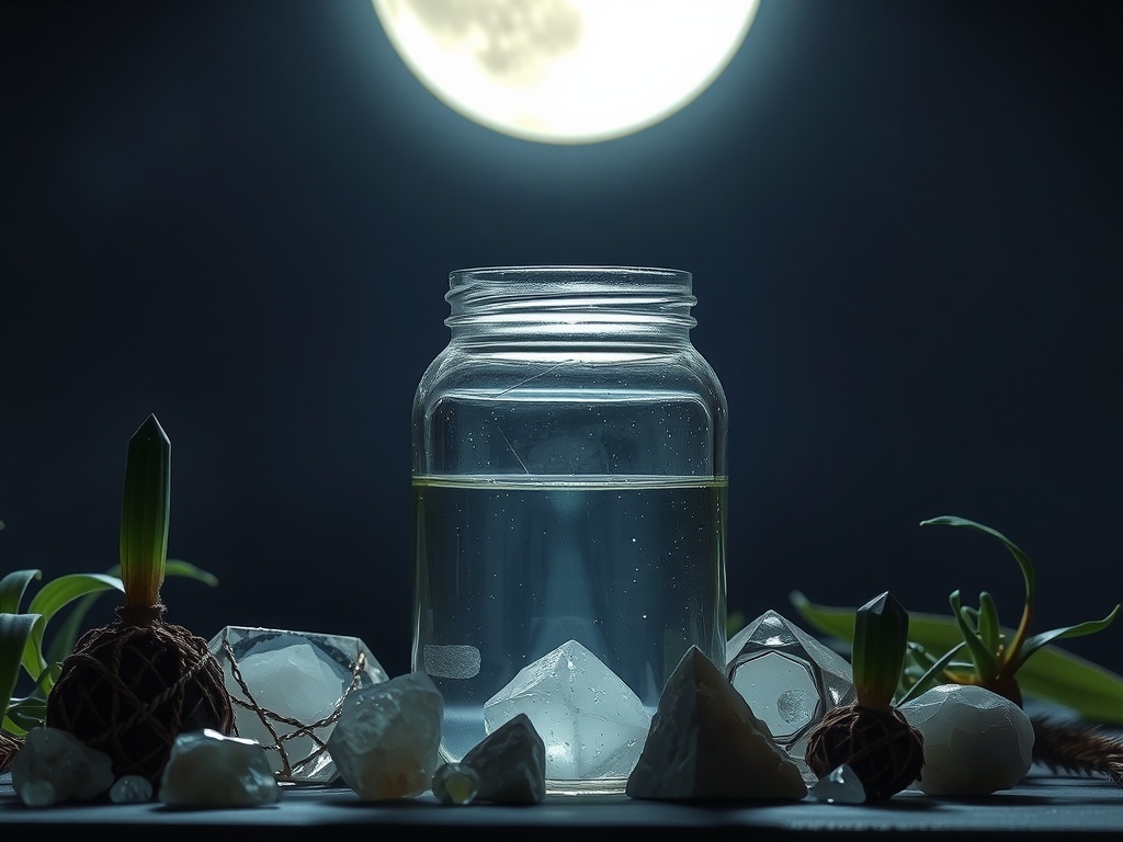 A jar of water surrounded by crystals and plants, illuminated by moonlight