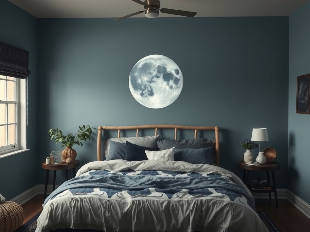 A cozy bedroom with deep blue walls, a large moon mural, and soft bedding, creating a serene atmosphere.