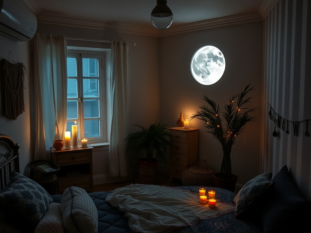 A cozy bedroom with a moonlight theme featuring candles, plants, and soft bedding, creating a calming meditation space.