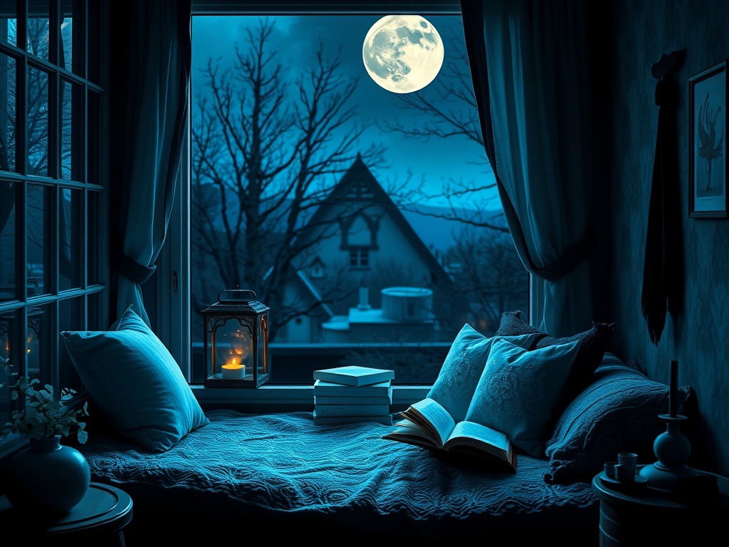 A cozy reading nook by a window with moonlight shining in, featuring pillows, books, and a lantern.