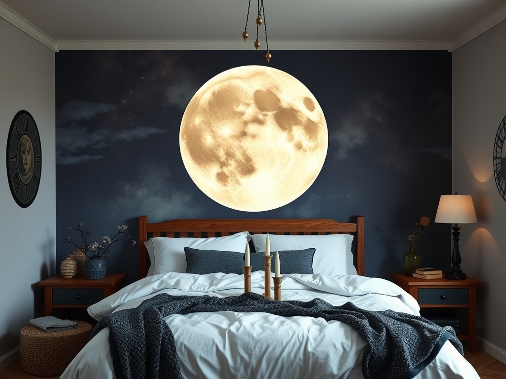 A bedroom with a large moon mural, dark blue walls, and warm wood furniture