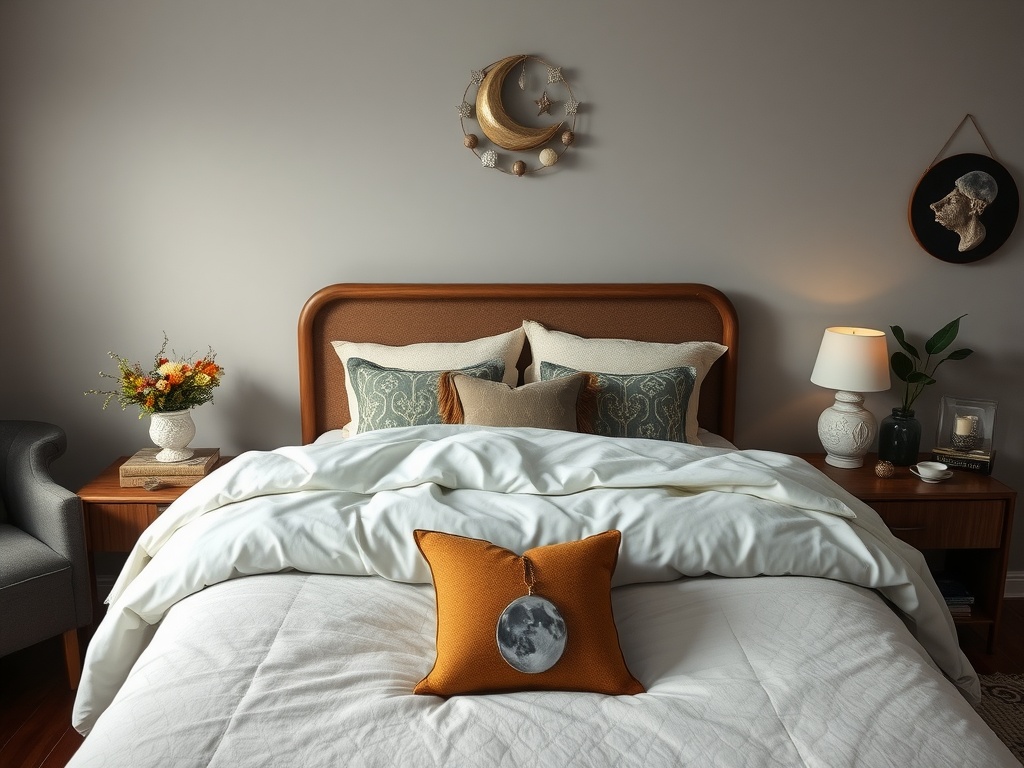 A cozy bedroom featuring moonstone decor with a moon-themed pillow, warm colors, and celestial wall decor.