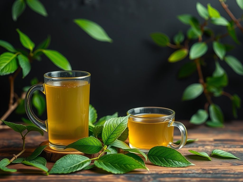 A refreshing cup of moringa herbal tea with vibrant green leaves.