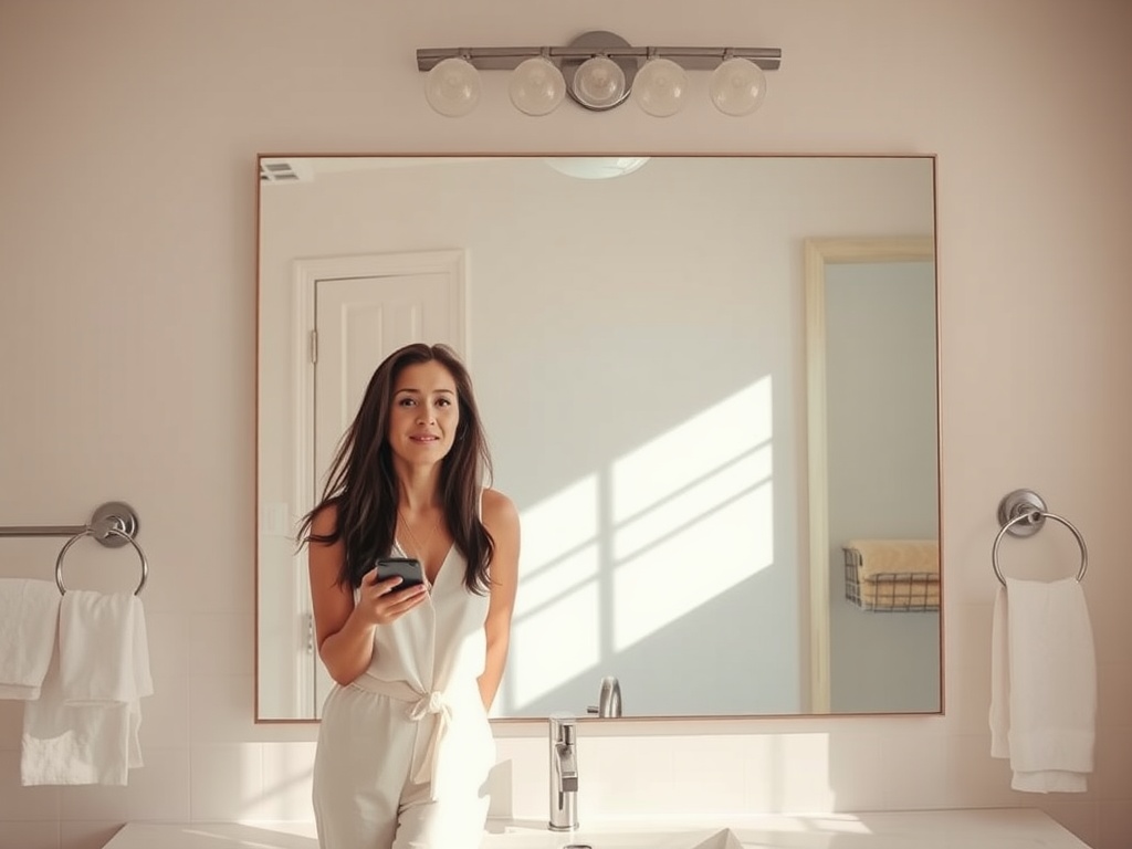 A person standing in front of a bathroom mirror with sunlight filtering in, holding a phone and looking inspired.