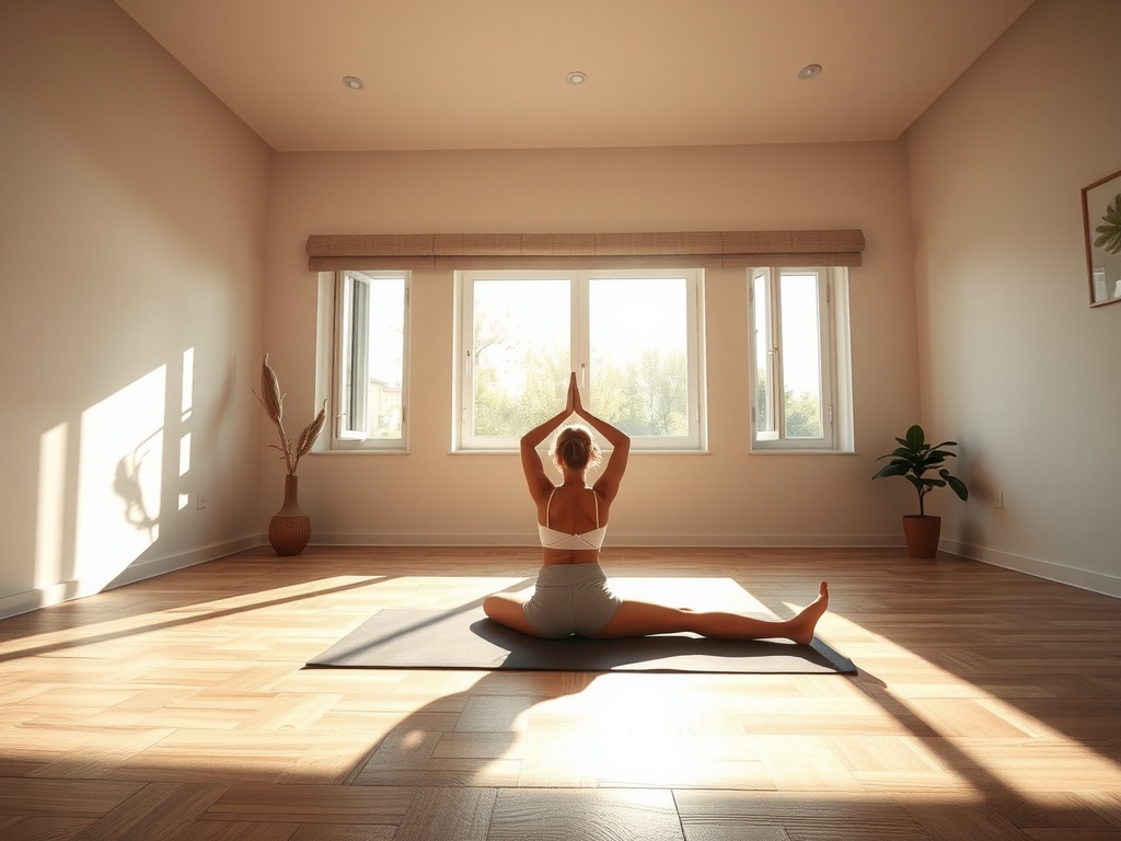 A person practicing yoga in a bright room, performing a stretch with hands in a prayer position.