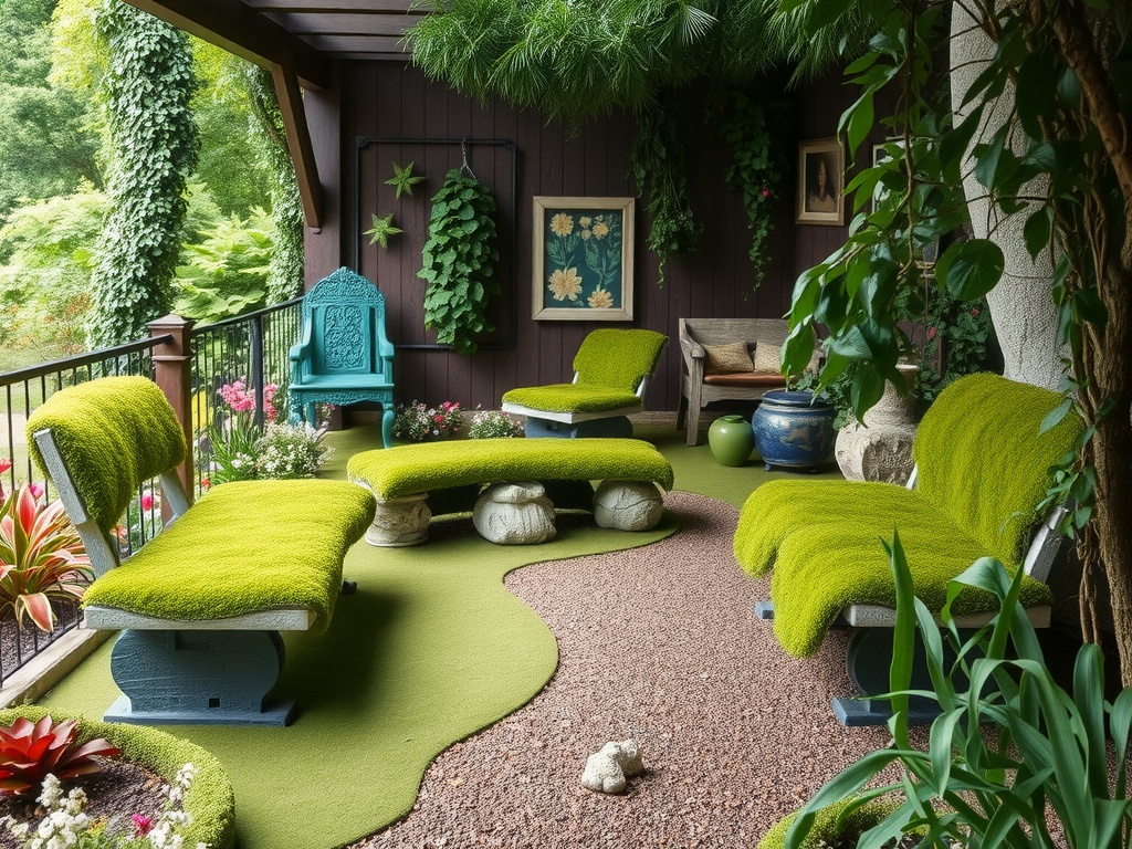 A cozy seating area with moss-covered benches and vibrant green cushions surrounded by plants