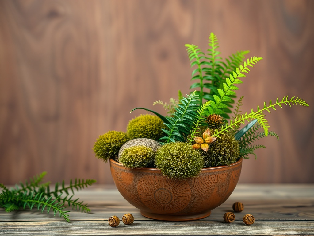 A decorative bowl filled with moss balls, ferns, and stones on a wooden surface.