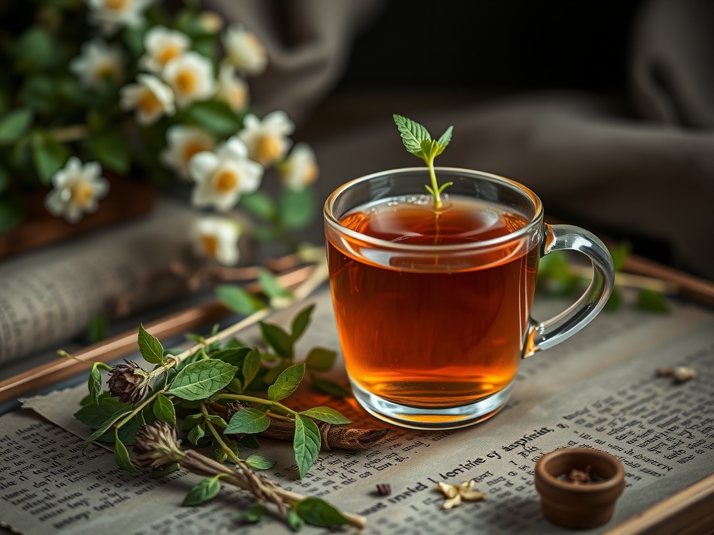 A cup of Motherwort tea with herbs and flowers