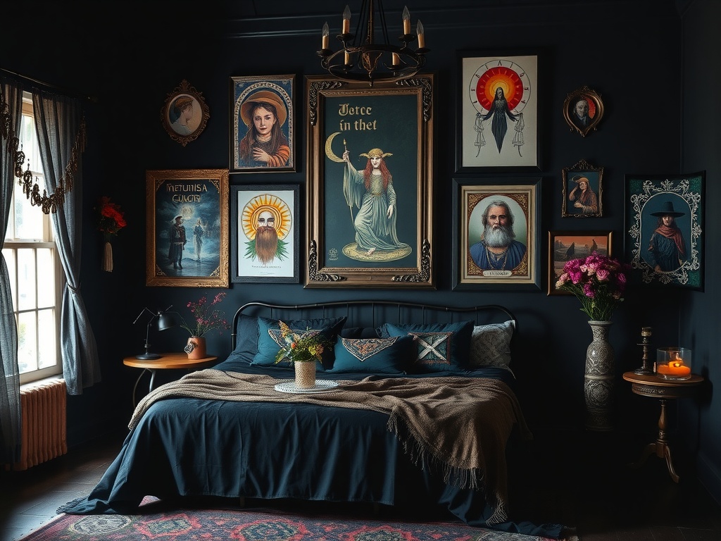 A gothic boho bedroom featuring black walls, dark bedding, and eclectic artwork.