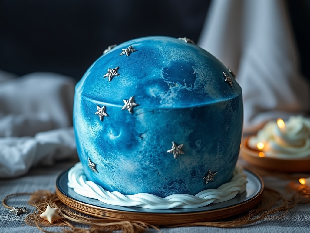 A beautifully designed blue moon cake adorned with silver stars