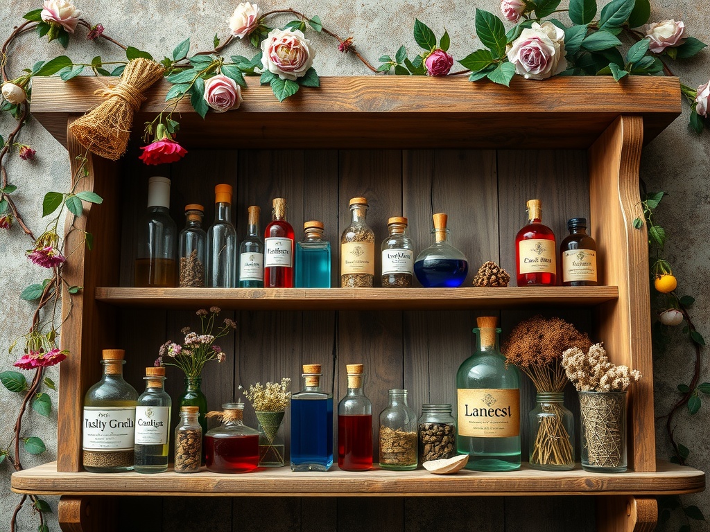 A wooden shelf filled with colorful potion bottles, herbs, and flowers, creating a magical atmosphere.