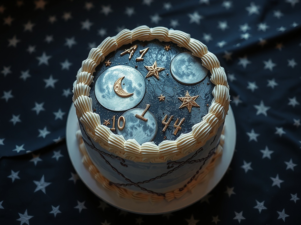 A beautifully decorated cake featuring moon phases and stars on a navy blue background.