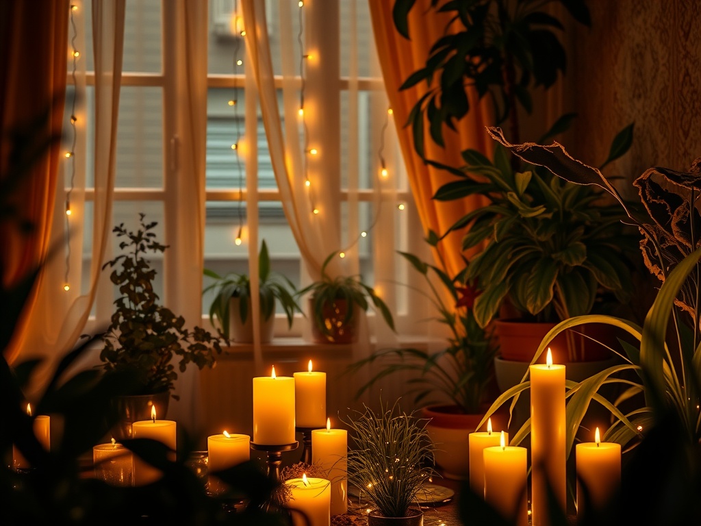 A cozy, mystical interior with candles and fairy lights highlighting plants by a window.