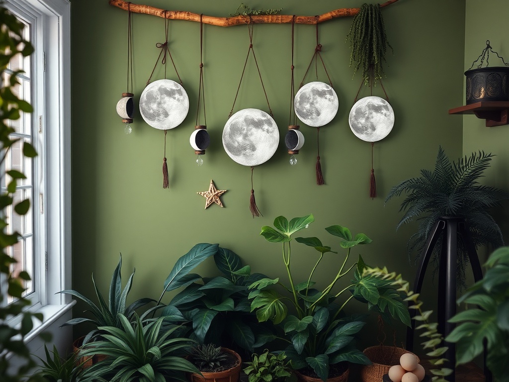 A wall decorated with moon phase hangings made from natural materials, complemented by plants.