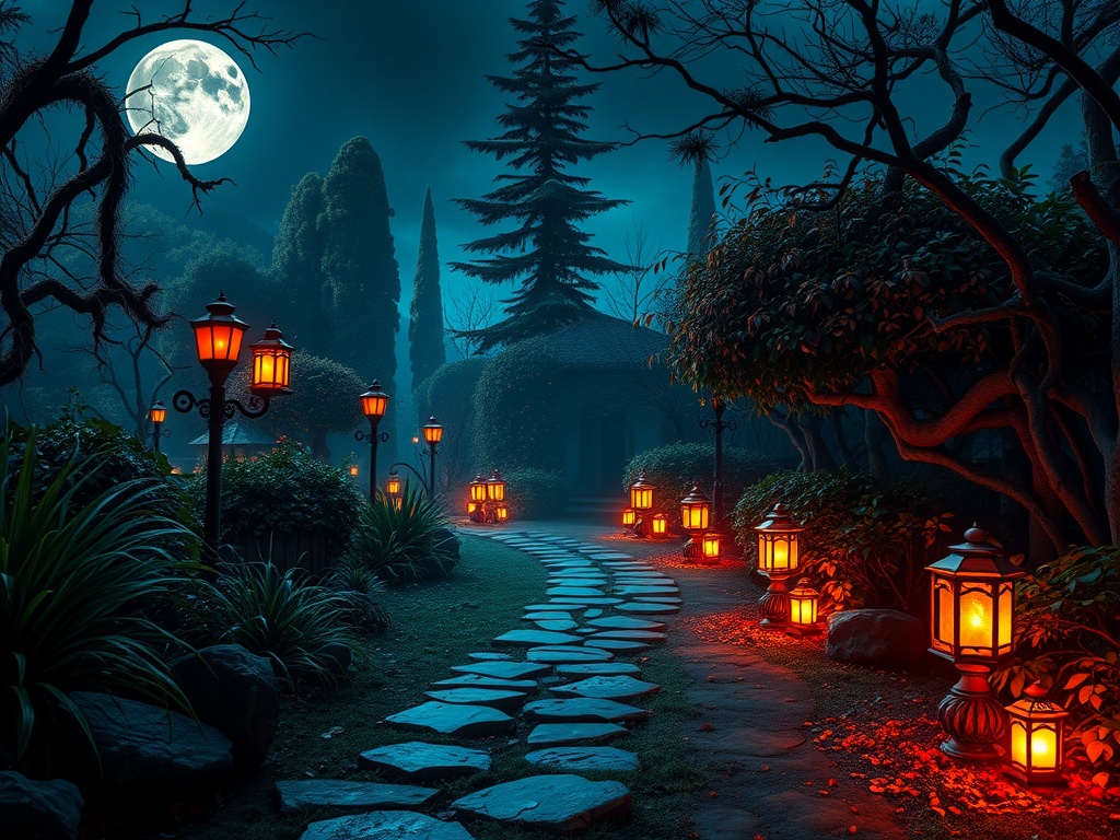 A mystical moonlit pathway with glowing lanterns and lush greenery.