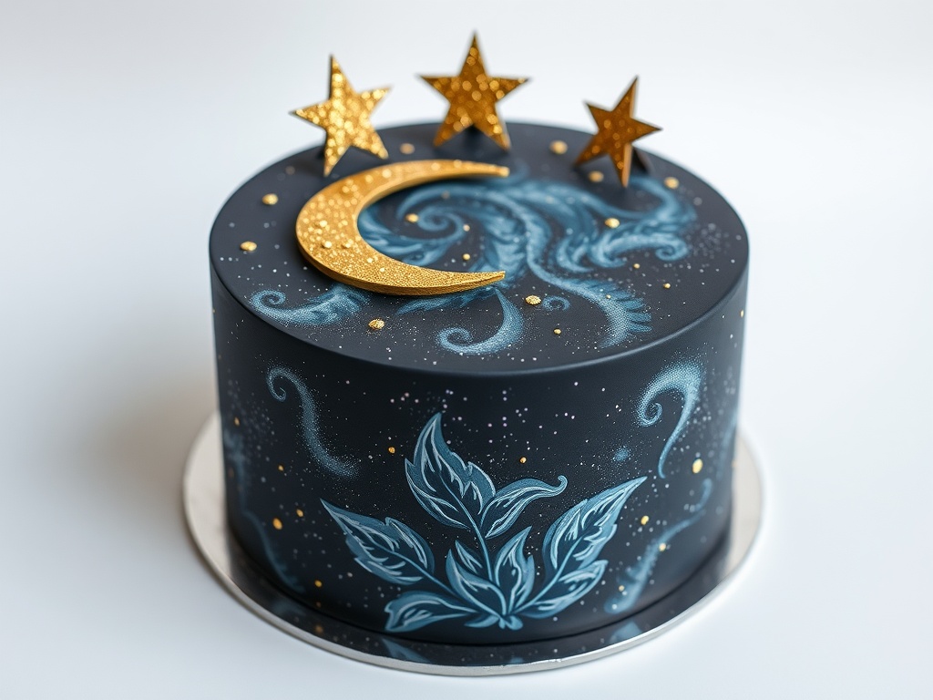 A beautifully decorated cake featuring a dark starry night theme with a crescent moon and gold stars on top.