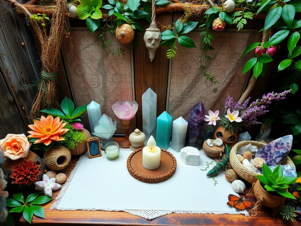 Nature-inspired altar featuring colorful flowers, crystals, and a candle, designed for witchcraft.