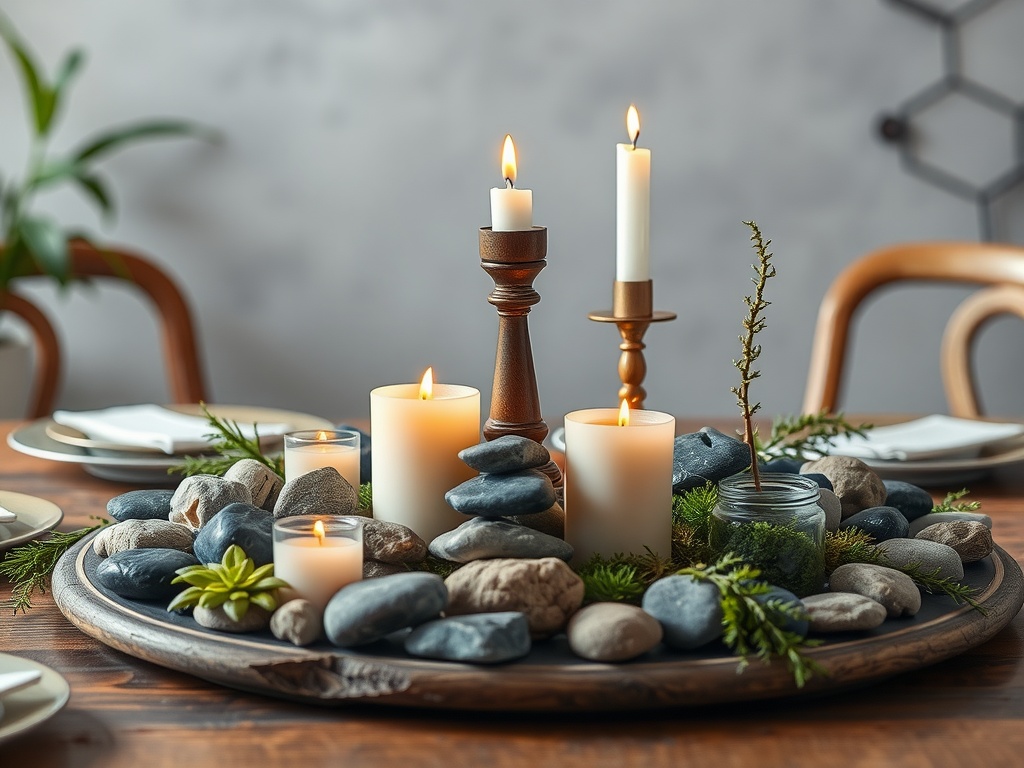 A nature-inspired centerpiece with candles and stones