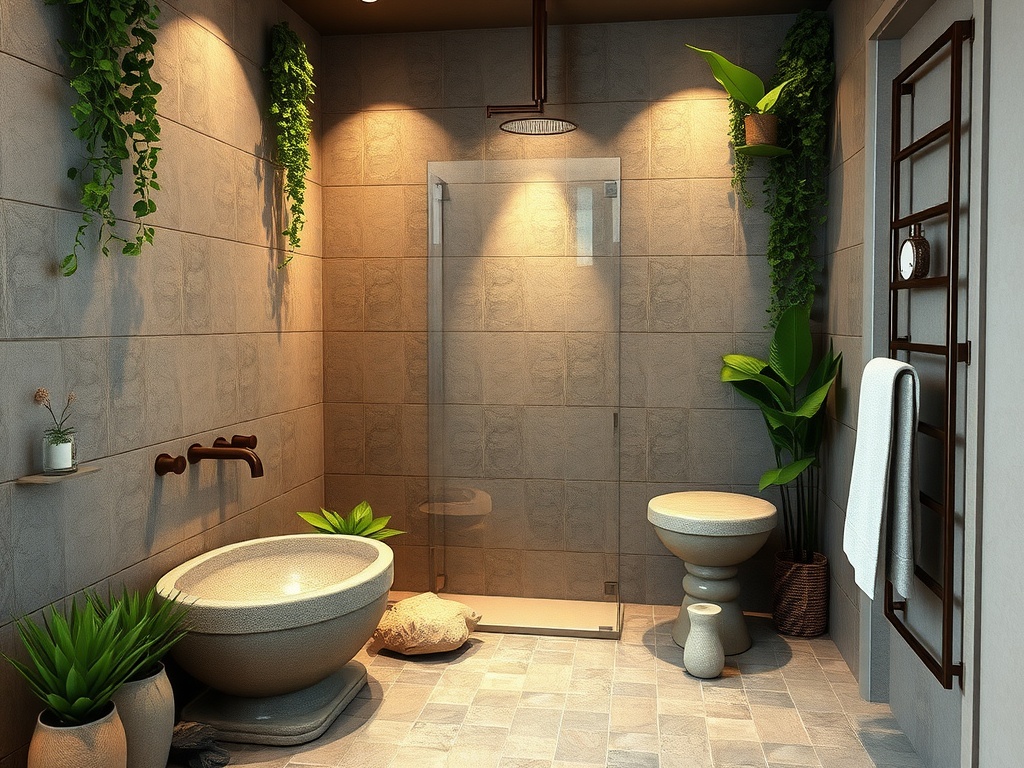 A nature-inspired bathroom featuring a glass shower, plants, and a unique stone tub.