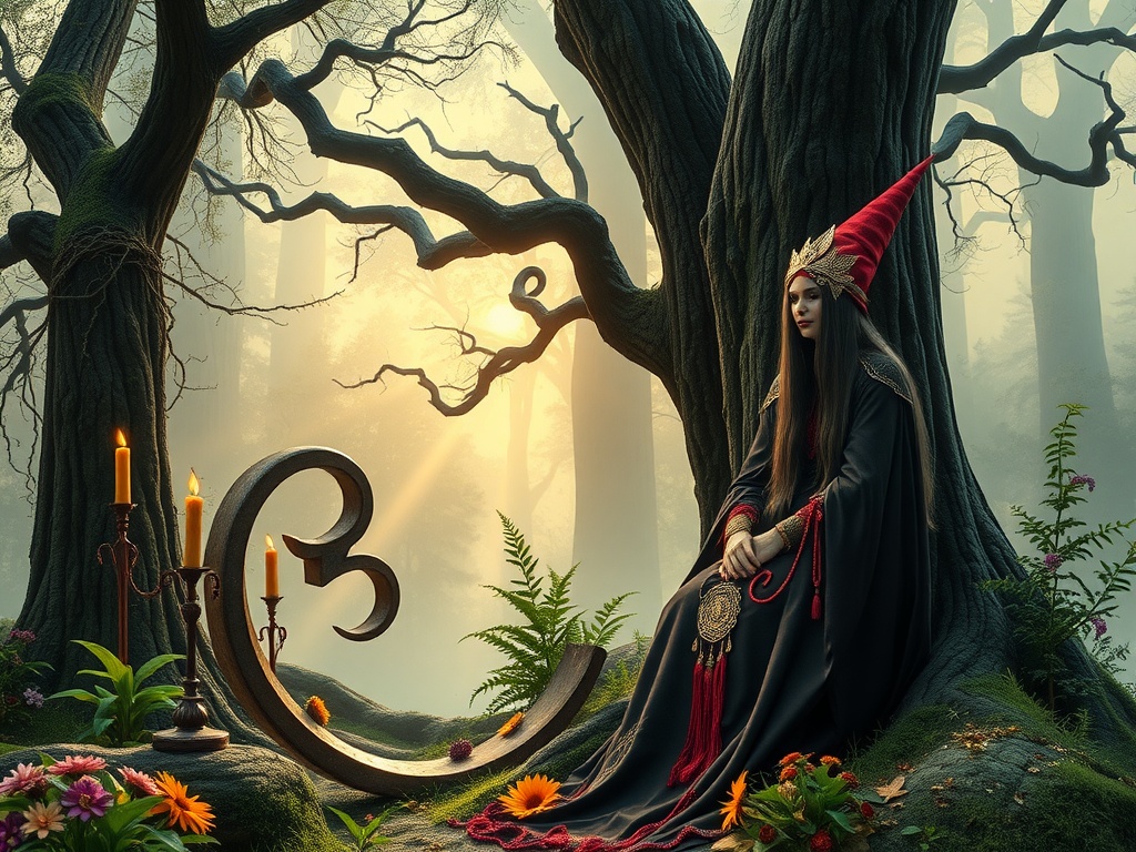 A mystical figure in a forest setting, surrounded by candles and flowers, embodying gothic boho style.