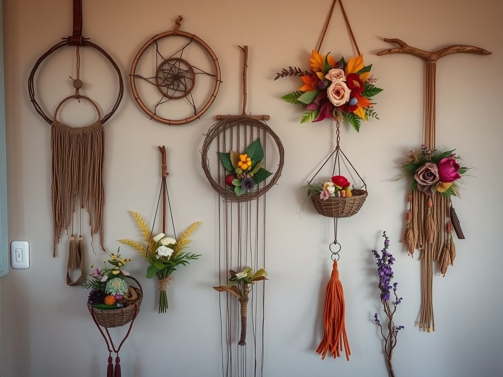 A collection of nature-inspired wall hangings featuring dreamcatchers and woven baskets with flowers