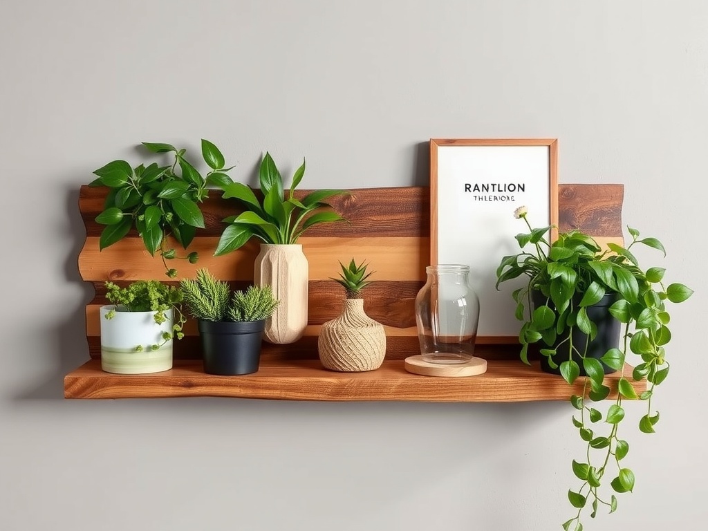 Wooden wall shelf displaying various plants and decorative items