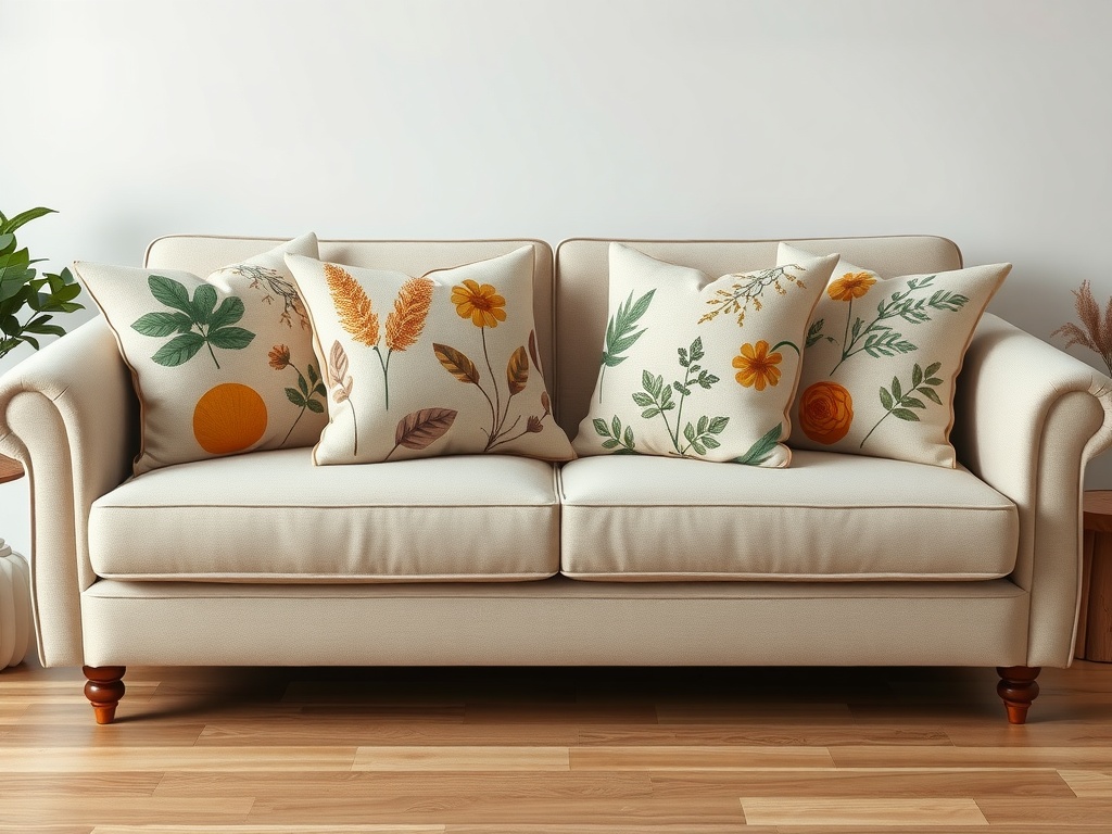 A cozy couch with nature-themed throw pillows featuring floral and botanical designs.