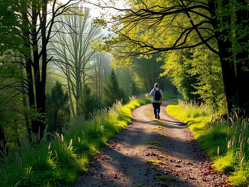 A person walking down a peaceful, sunlit path surrounded by trees and greenery.